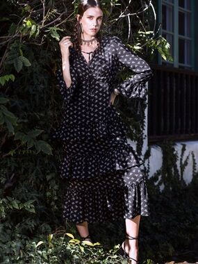 Black Floral Tie-Neck Tiered Midi Dress